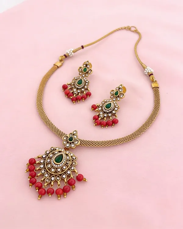 Gold_Tone_Green_Stone_Necklace_And_Earrings_Set_for_Women