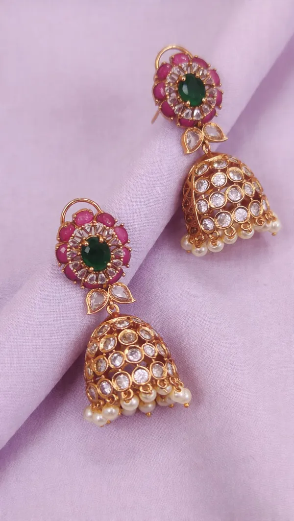 Gold_Tone_Green_Pink_Stone_Jhumka_Earrings_for_Women