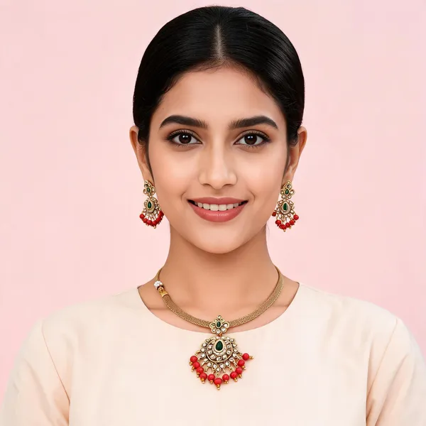 Gold_And_Green_Alloy_Necklace_And_Earrings_Set_For_Women