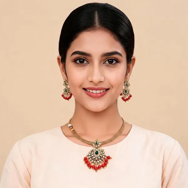 Gold_And_Green_Alloy_Necklace_And_Earrings_Set_For_Women