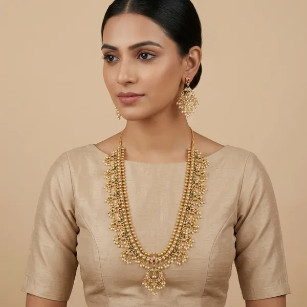 Gold_And_Green_Alloy_Long_Haram_Necklace_Set_For_Women