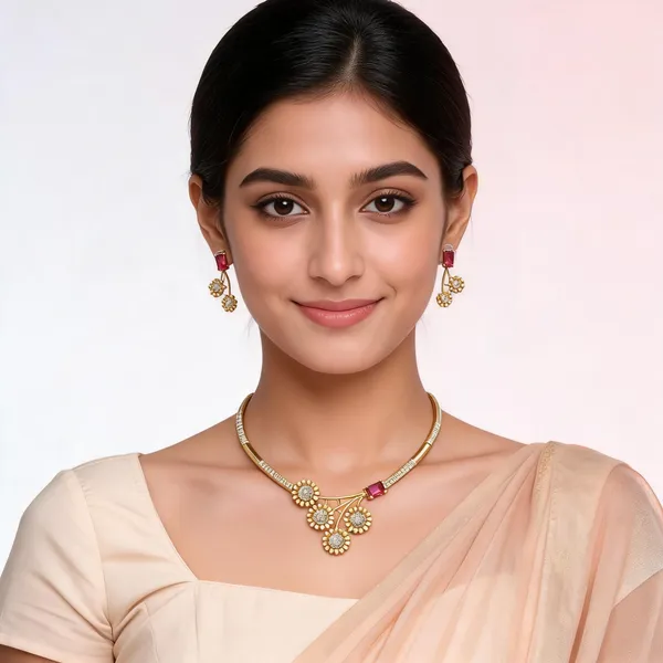 Gold_And_Green_Alloy_Necklace_And_Earrings_Set_For_Women