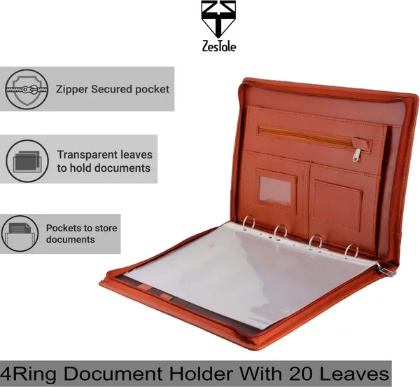 Zestale_Professional_Leatherette_4_Ring_Document_File_Folder/_Certificate_Holder_(With_20_Leaves)_(Set_Of_1,_Tan)