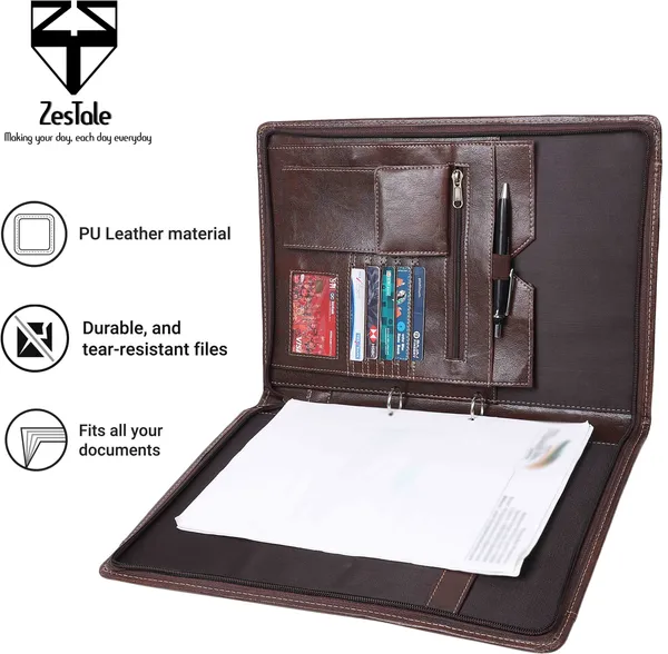 Zestale_Premium_Leatherette_2-_Ring_Handle_Document_File_Folder/_Certificate_Holder_Without_Leaves_Set_Of_1,_Dark_Brown