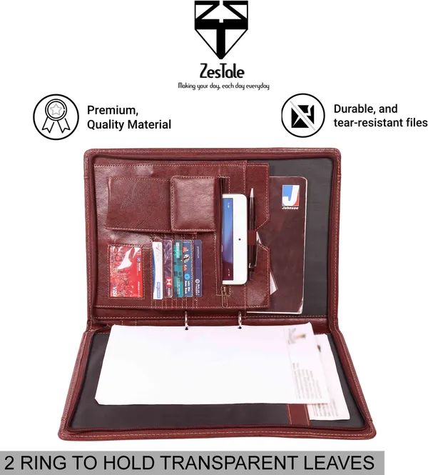 Zestale_Premium_Leatherette_2-_Ring_Handle_Document_File_Folder/_Certificate_Holder_With_10_Leaves_Set_Of_1,_Tan