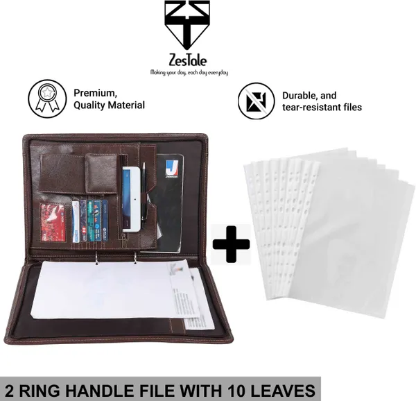 Zestale_Premium_Leatherette_2-_Ring_Handle_Document_File_Folder/_Certificate_Holder_With_10_Leaves_Set_Of_1,_Dark_Brown