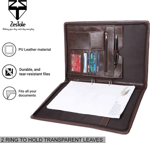 Zestale_Premium_Leatherette_2-_Ring_Handle_Document_File_Folder/_Certificate_Holder_With_10_Leaves_Set_Of_1,_Dark_Brown