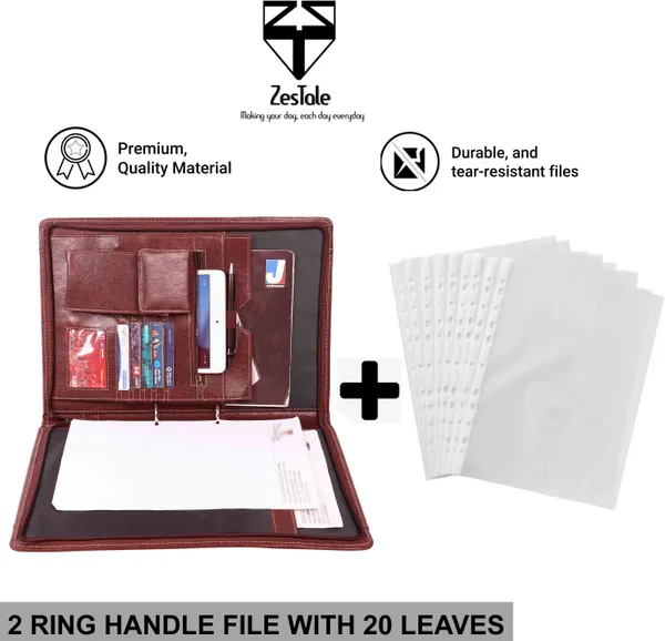 Zestale_Premium_Leatherette_2-_Ring_Handle_Document_File_Folder/_Certificate_Holder_With_20_Leaves_Set_Of_1,_Tan