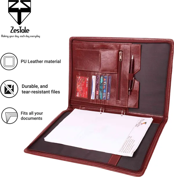 Zestale_Premium_Leatherette_2-_Ring_Handle_Document_File_Folder/_Certificate_Holder_With_20_Leaves_Set_Of_1,_Tan