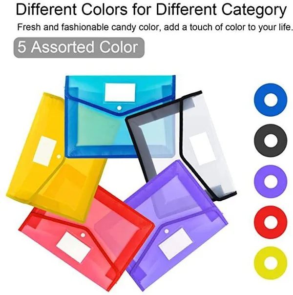 Zestale_Plastic_Envelope_Folder,Transparent_Poly-Plastic_A4_Documents_File_Storage_Bag_With_Snap_Button_Certificate_File_Holder/Document_Folder_For_Certificates_A4/Legal/Bag_For_Document_Set_Of_5,_Multicolor