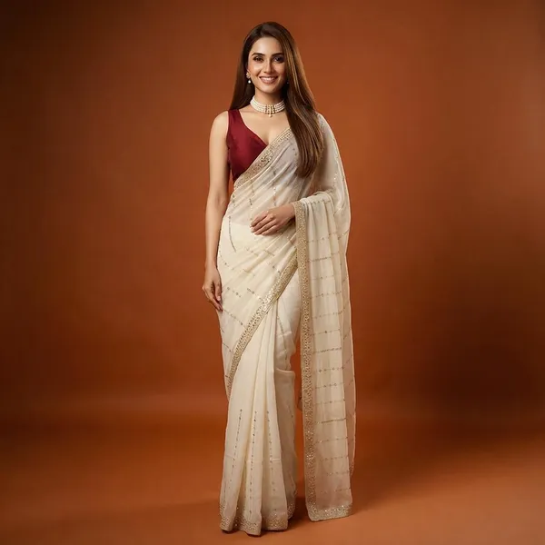 Cream_Chiffon_Saree_For_Women