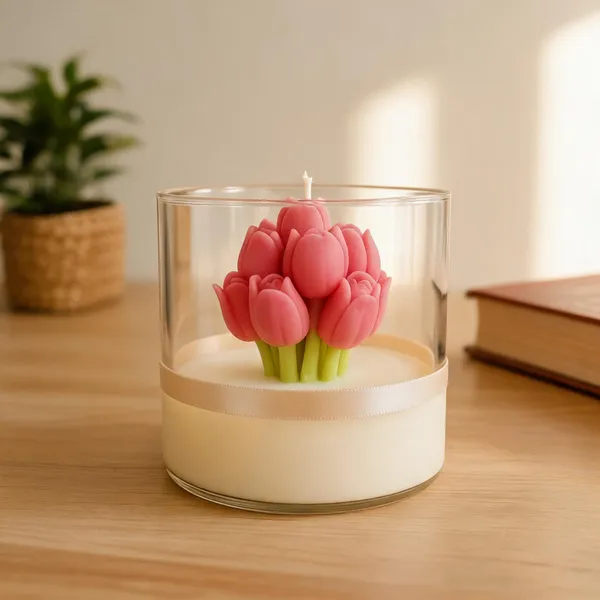 Pink_And_White_Soya_Wax_Tulip_Floral_Candle_In_Glass_Holder