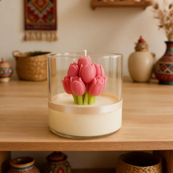 Pink_And_White_Soya_Wax_Tulip_Floral_Candle_In_Glass_Holder