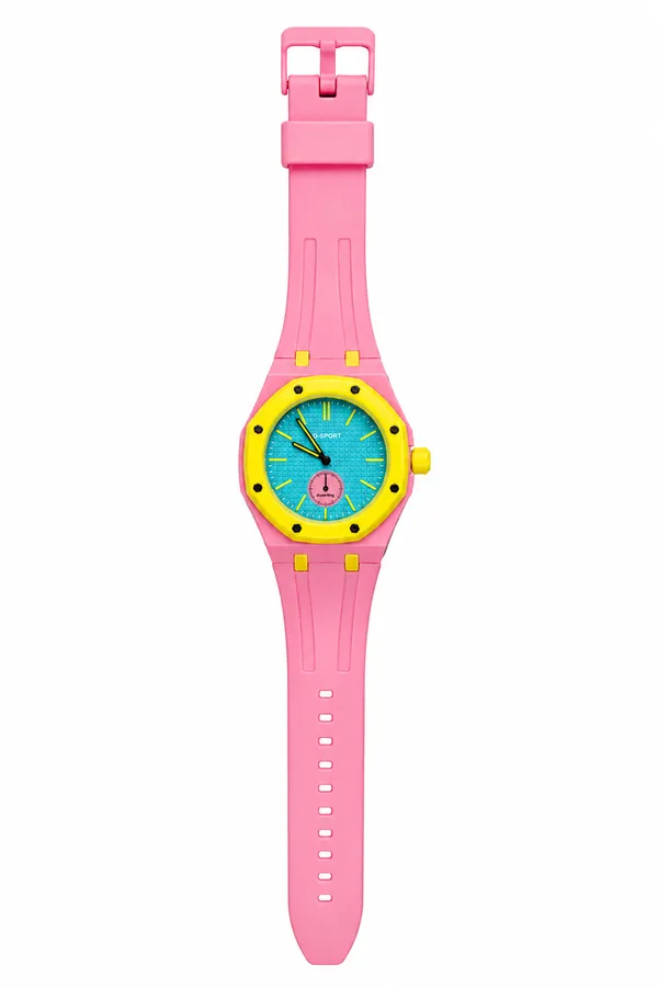 Pink_Analog_Watch_With_Yellow_Bezel