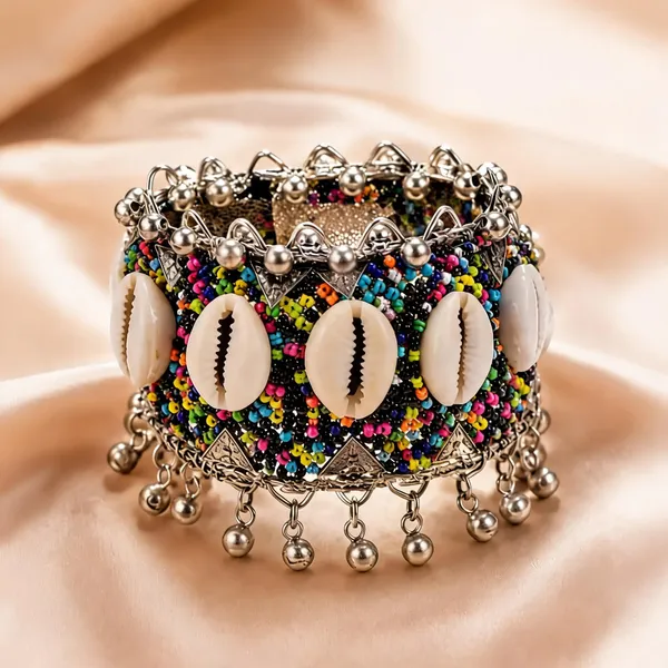 Multicolor_Brass_Beaded_Cowrie_Shell_Cuff_Bangle_For_Women