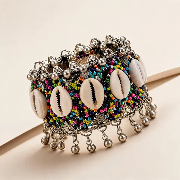 Multicolor_Brass_Beaded_Cowrie_Shell_Cuff_Bangle_For_Women