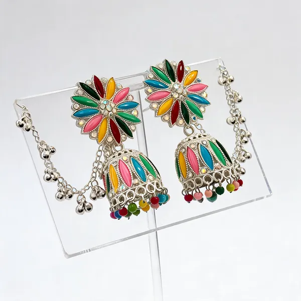 Multicolor_Brass_Jhumka_Earrings_With_Ear_Chains_For_Women
