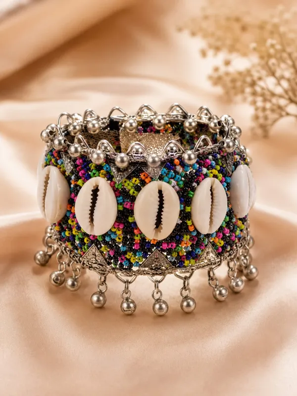 Multicolor_Brass_Beaded_Cowrie_Shell_Cuff_Bangle_For_Women