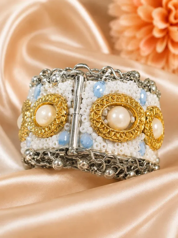 Yellow_Blue_Brass_Pearl_Embellished_Cuff_Bracelet_For_Women