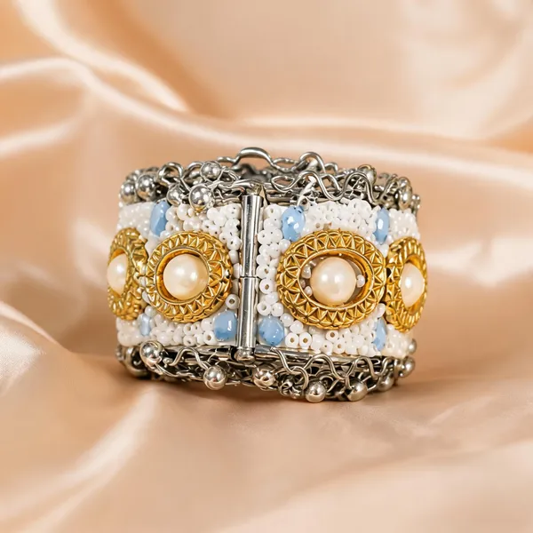 Yellow_Blue_Brass_Pearl_Embellished_Cuff_Bracelet_For_Women