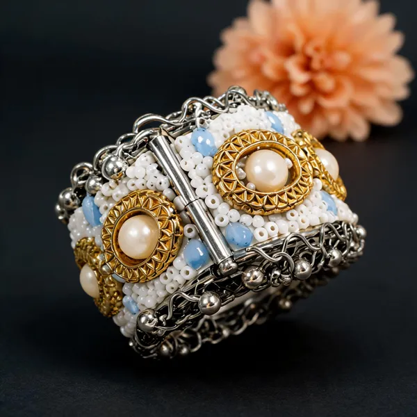 Yellow_Blue_Brass_Pearl_Embellished_Cuff_Bracelet_For_Women