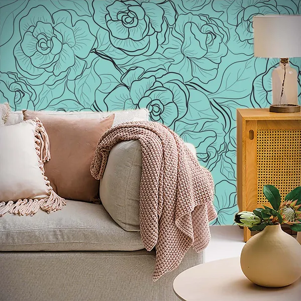 Turquoise_Floral_Line_Art_Wallpaper
