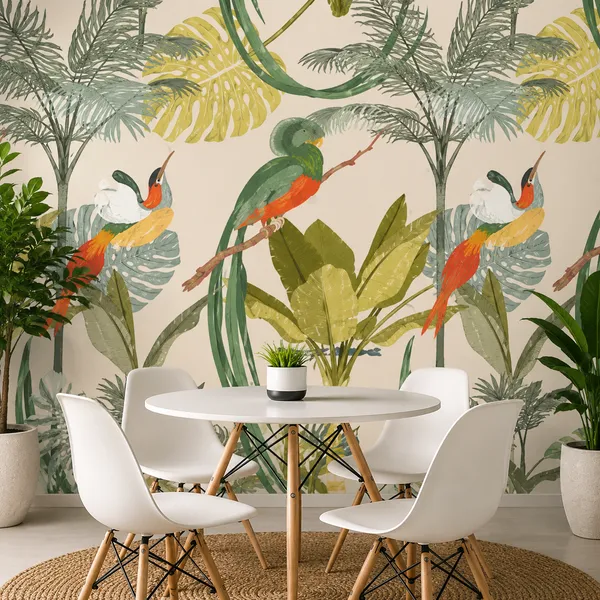 Multicolor_Tropical_Flowers_Birds_Leaf_Print_Wallpaper
