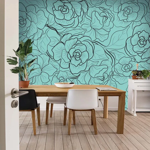 Turquoise_Floral_Line_Art_Wallpaper