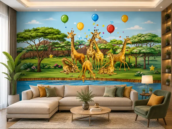 Canvas_Multicolor_Giraffe_Jungle_Cartoon_Print_Wallpaper