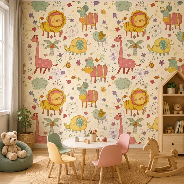 Canvas_Multicolor_Cute_Jungle_Animals_Print_Wallpaper