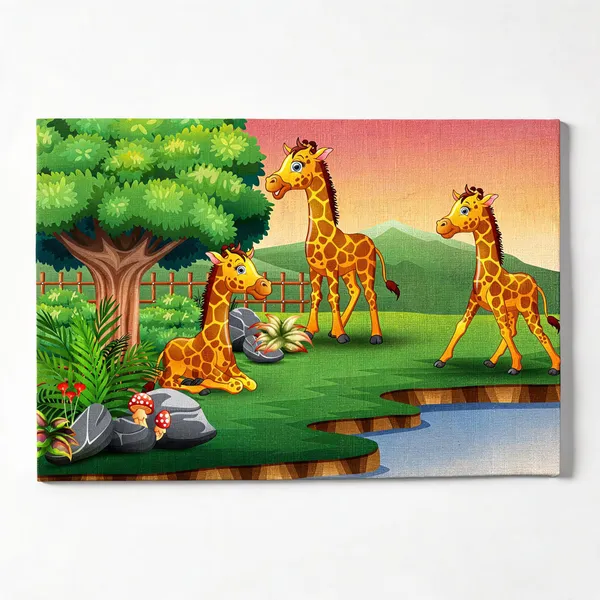 Canvas_Multicolor_Cartoon_Giraffe_Animal_Scene_Kids_Wallpaper