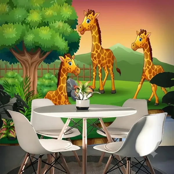 Canvas_Multicolor_Cartoon_Giraffe_Animal_Scene_Kids_Wallpaper