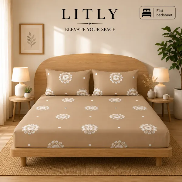 Beige_Floral_Print_Flat_Bedsheet