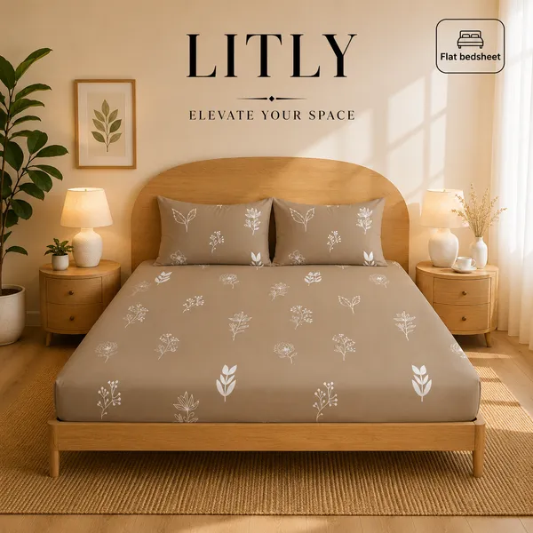 Taupe_Botanical_Print_Flat_Bedsheet_Set