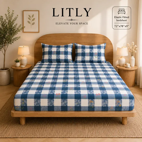 Cotton_Checkered_Floral_Print_Double_Bedsheet_Set