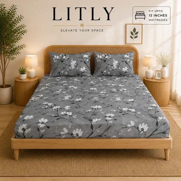 Gray_Cotton_Floral_Print_Double_Bedsheet_Set