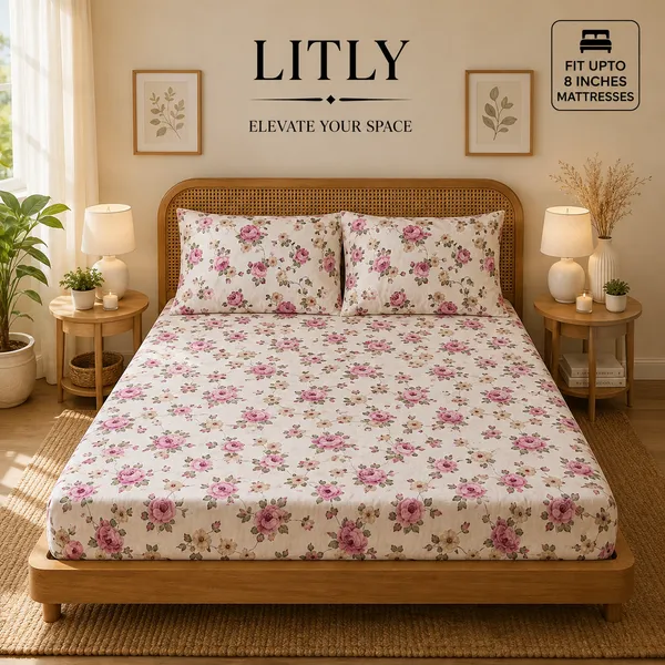 White_Pink_Floral_Print_Fitted_Bedsheet_Set