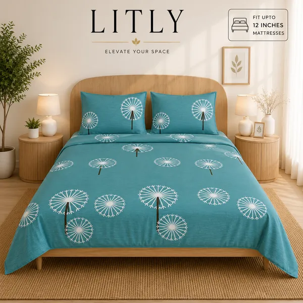 Teal_Dandelion_Print_Double_Bedsheet_Set