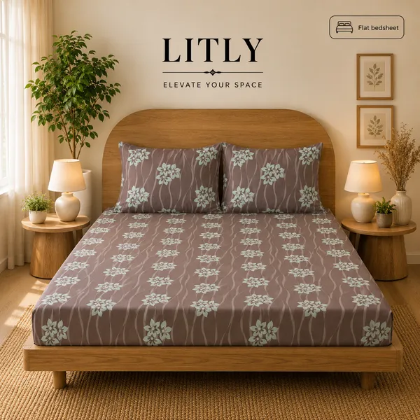 Taupe_Floral_Print_Flat_Bedsheet_Set