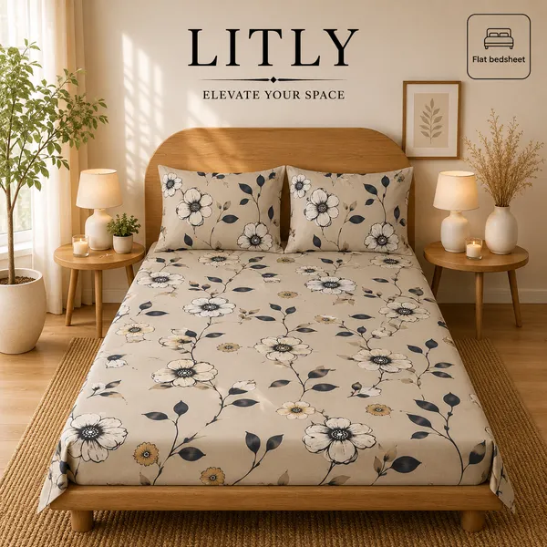 Beige_Floral_Print_Flat_Bedsheet