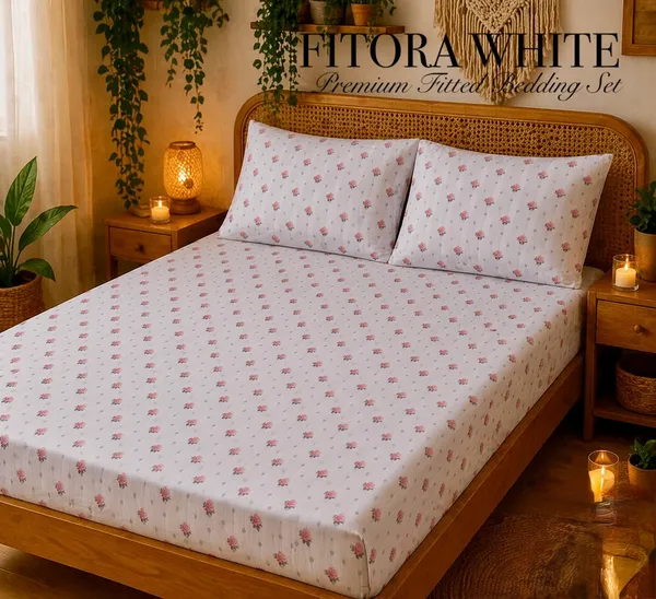 White_Floral_Print_Fitted_Bedsheet_Set