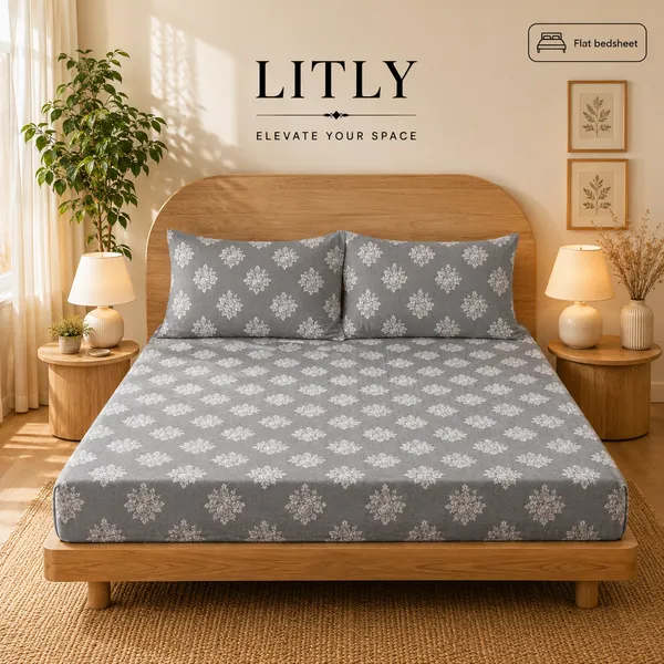 Grey_Floral_Print_Flat_Bedsheet_Set