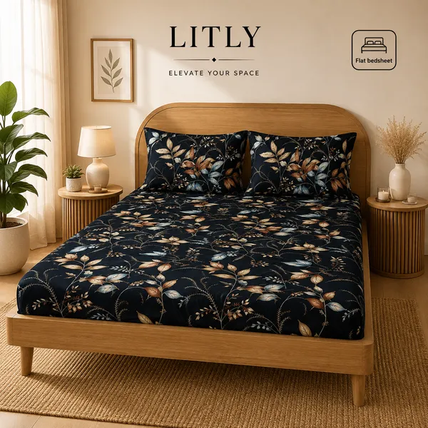 Navy_Blue_Botanical_Floral_Print_Flat_Bedsheet