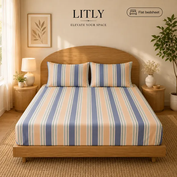 King_Size_Multicolour_Striped_Flat_Bedsheet