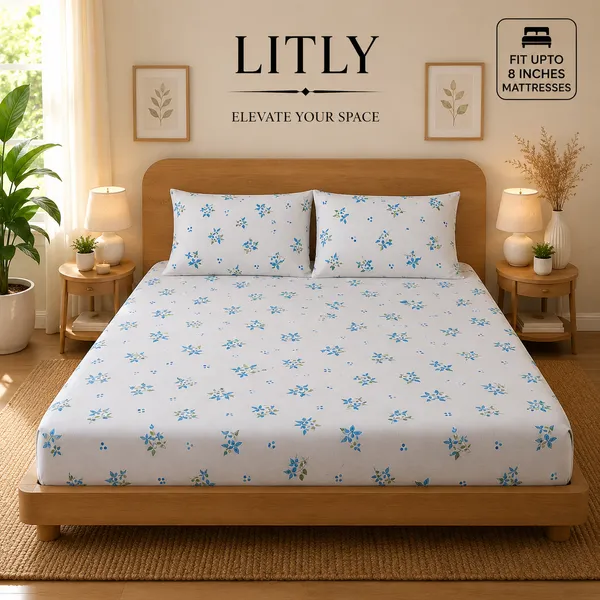 White_Floral_Print_Fitted_Bedsheet_Set