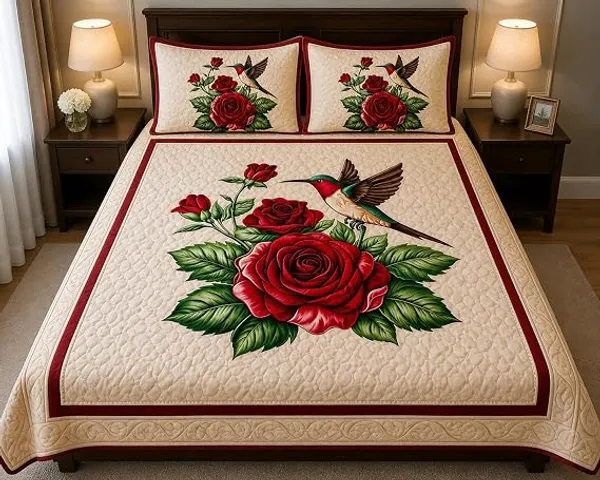 Quilted_Floral_Rose_Hummingbird_King_Size_Bedspread
