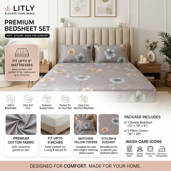 Cotton_Floral_Print_Double_Fitted_Bedsheet_Set