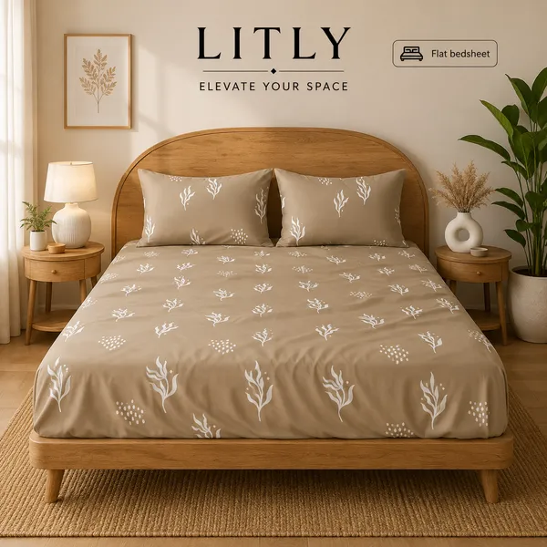 Taupe_Botanical_Print_Flat_Bedsheet