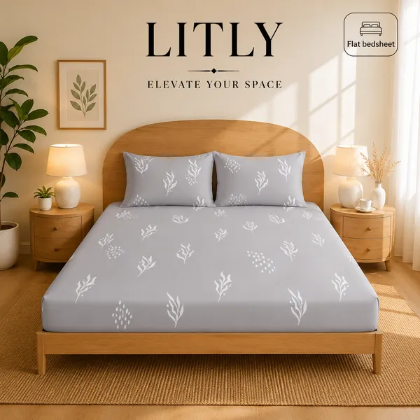 Grey_Floral_Print_Flat_Bedsheet