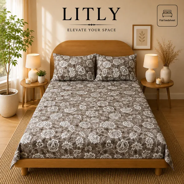 Grey_Floral_Print_Flat_Bedsheet
